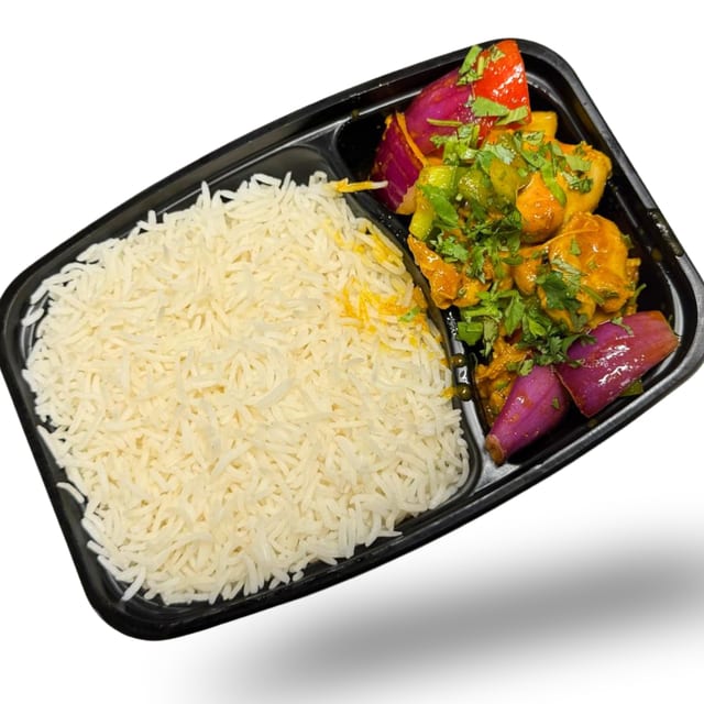 Chicken Jalfrezi Rice Bowl with Masala Fries.